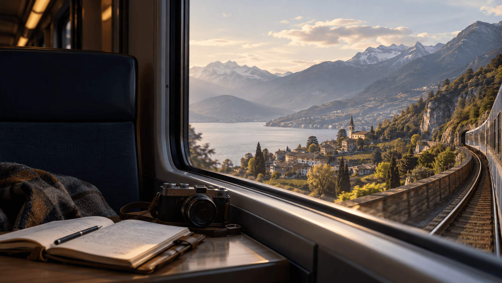 A train curving beside an Alpine lake, viewed from inside the carriage.